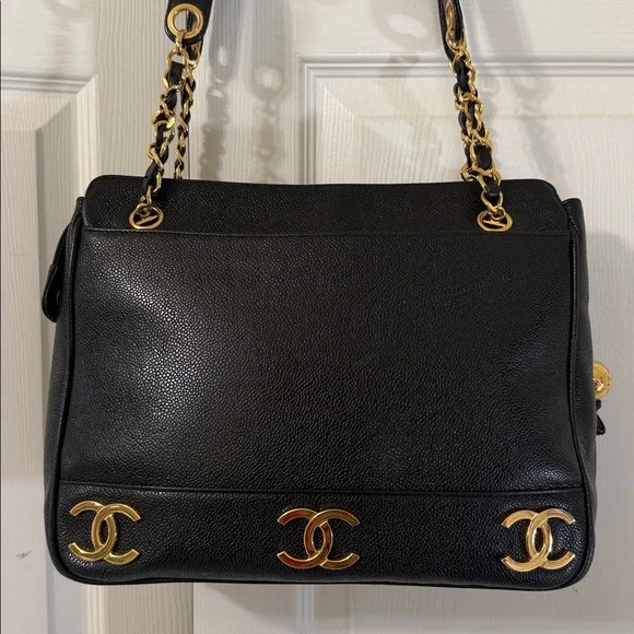 Authentic Chanel Triple CC Black/Gold Caviar Leather Chanel Shoulder Bag. - Picture 7 of 17